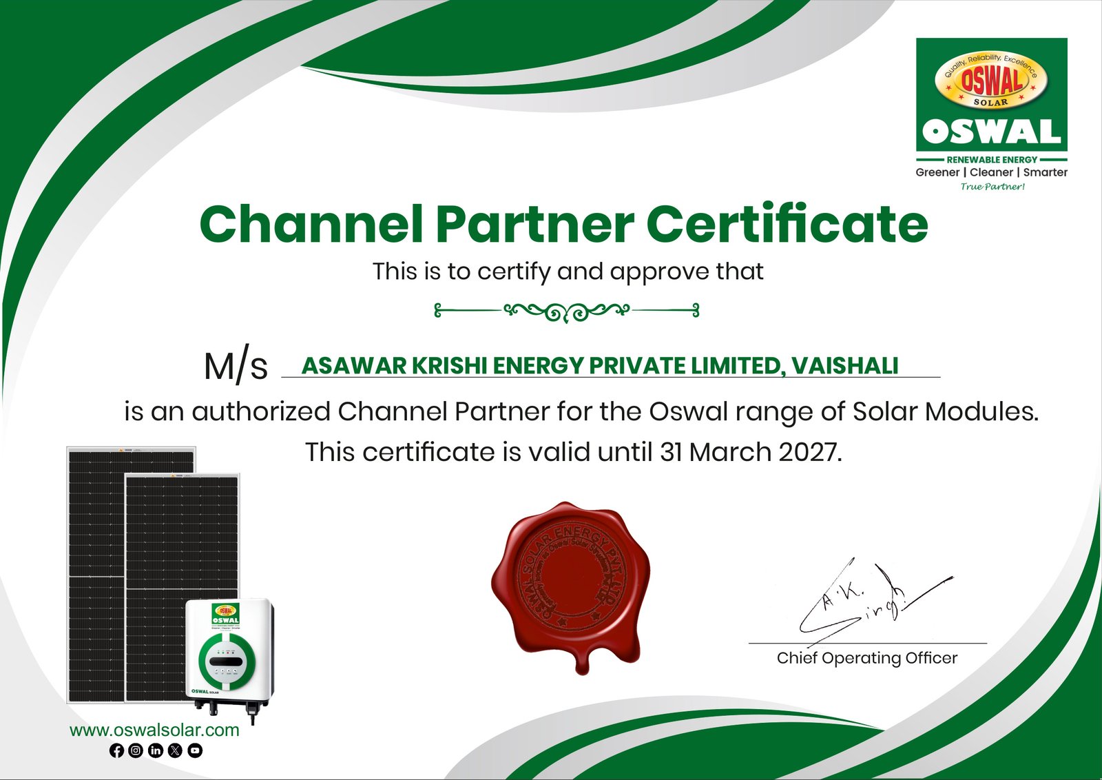 ASAWAR KRISHI ENERGY Certificate